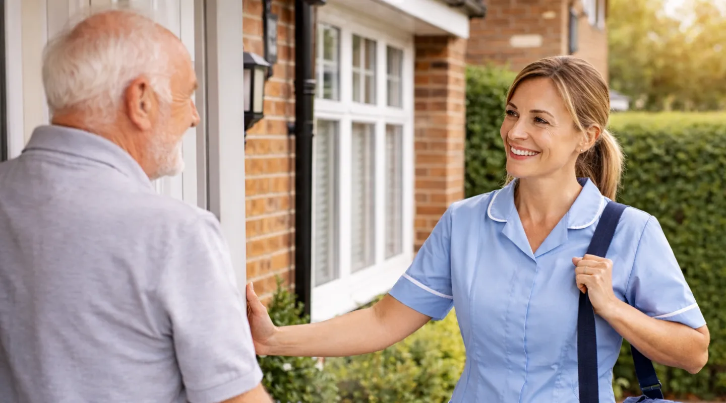 A happy window cleaner works on the windows of an old house