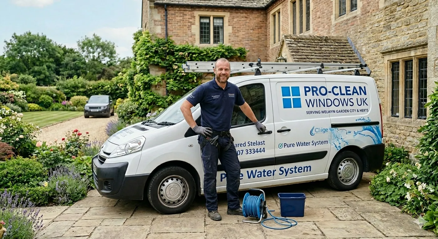 A happy window cleaner works on the windows of an old house